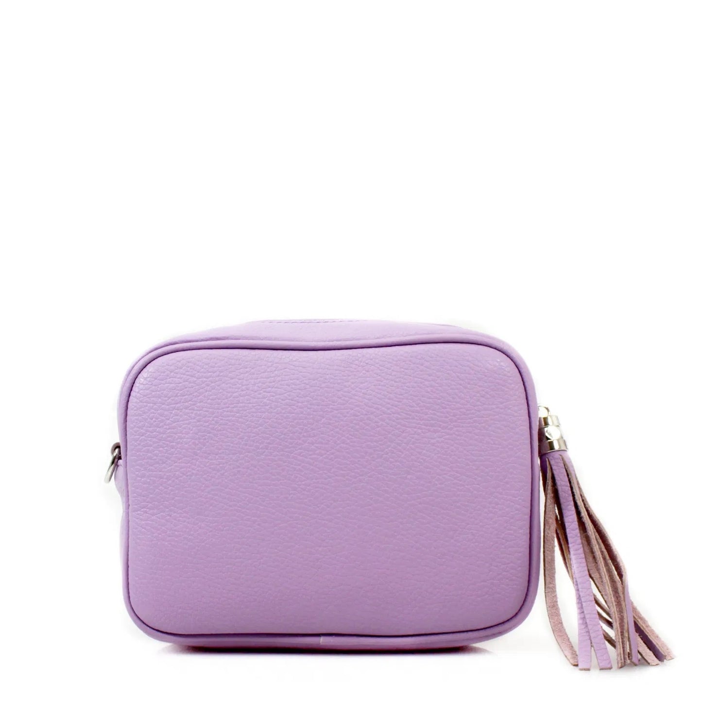 lilac leather handbag with a tassel on a white background