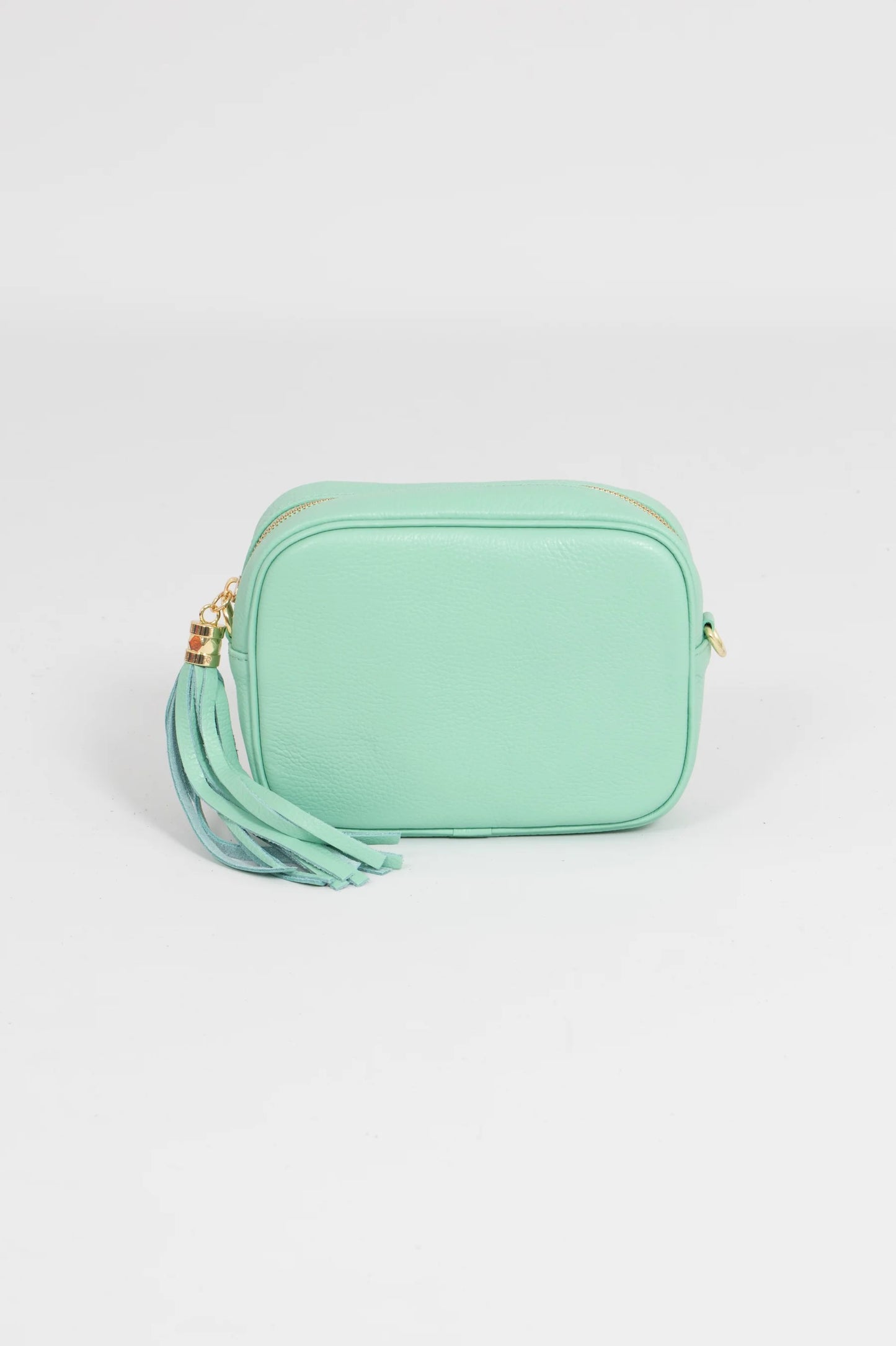 Mint green crossbody bag with a tassel on a light gray background