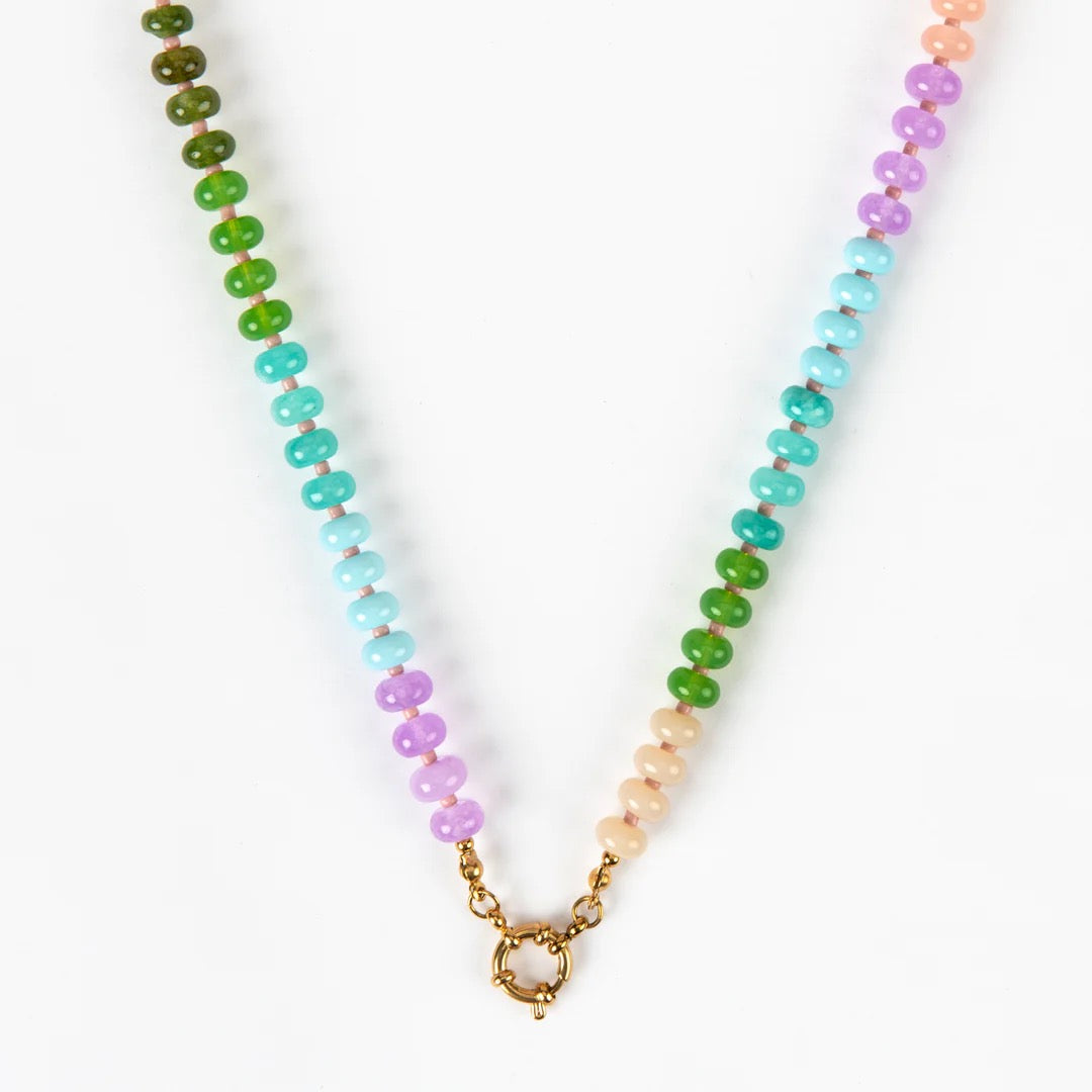 Multicolored beaded necklace with a gold clasp on a white background