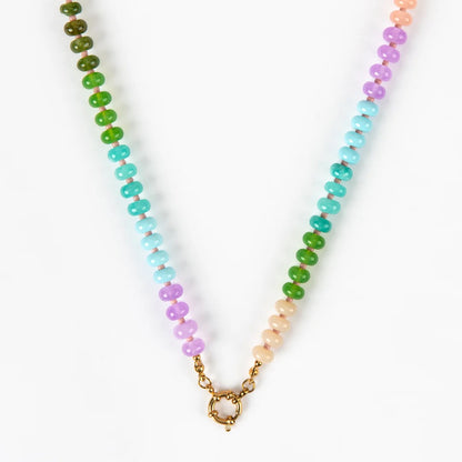 Multicolored beaded necklace with a gold clasp on a white background