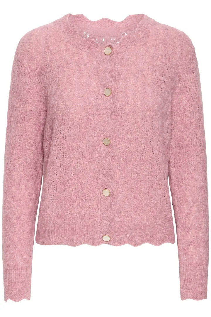 Pink knitted cardigan with buttons on a white background