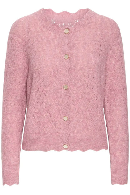 Pink knitted cardigan with buttons on a white background