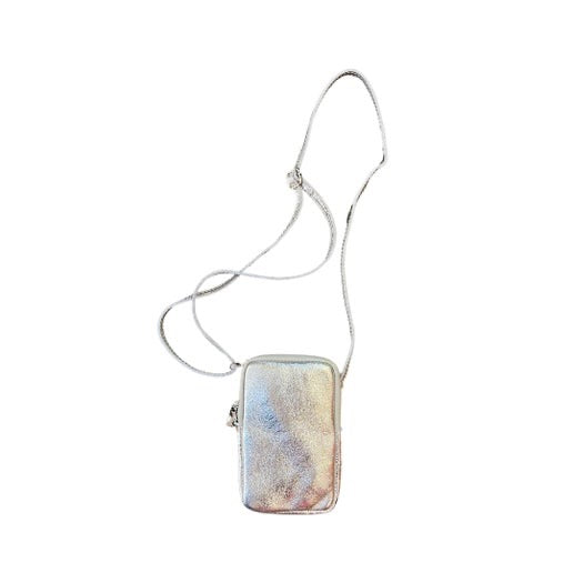 silver metallic phone bag with a strap on a white background