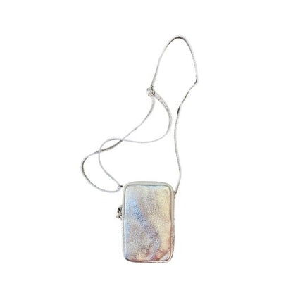 silver metallic phone bag with a strap on a white background