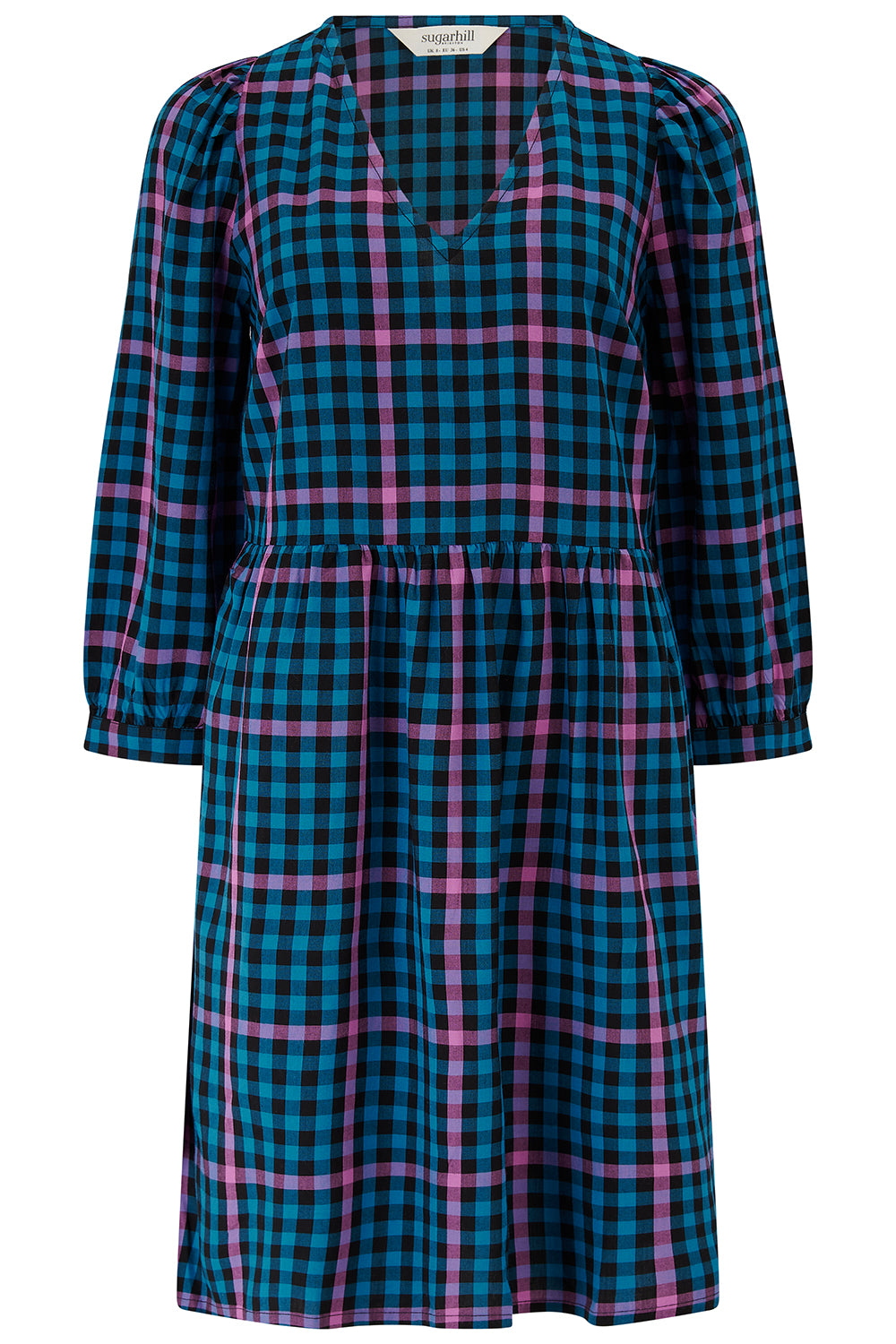Plaid dress with blue and pink pattern on a white background