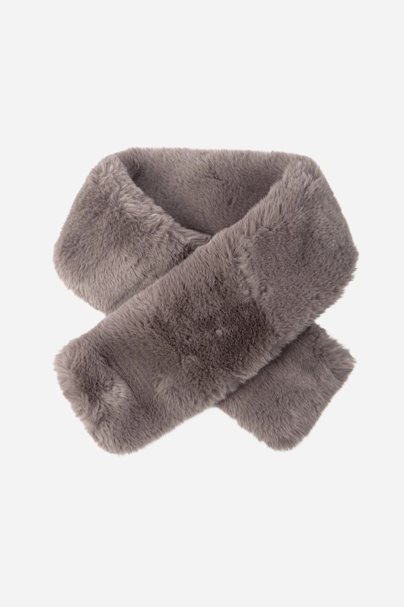 Taupe faux fur scarf on a white background