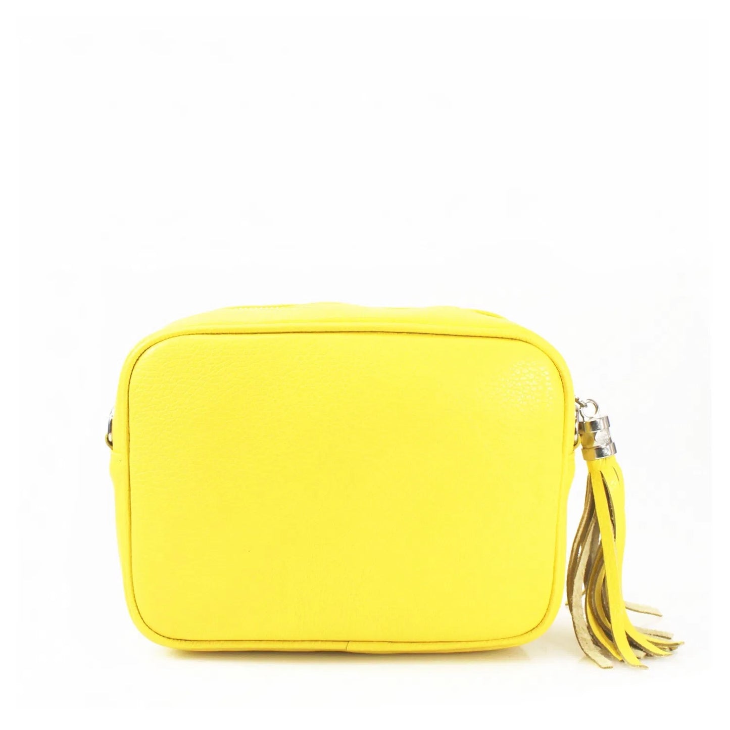 Yellow crossbody bag with a tassel on a white background